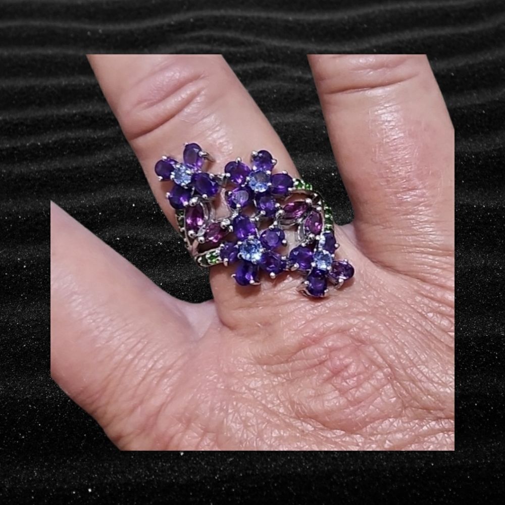 Amethyst Peridot Rose Pink Silver Floral Cluster Ring